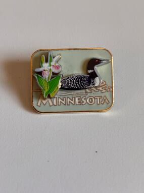 Three dimensional enamel metal Minnesota loon/lady slipper lapel pin